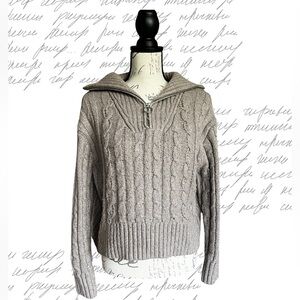 Sincerely Jules Taupe Cable-Knit Half-Zip Turtleneck Sweater